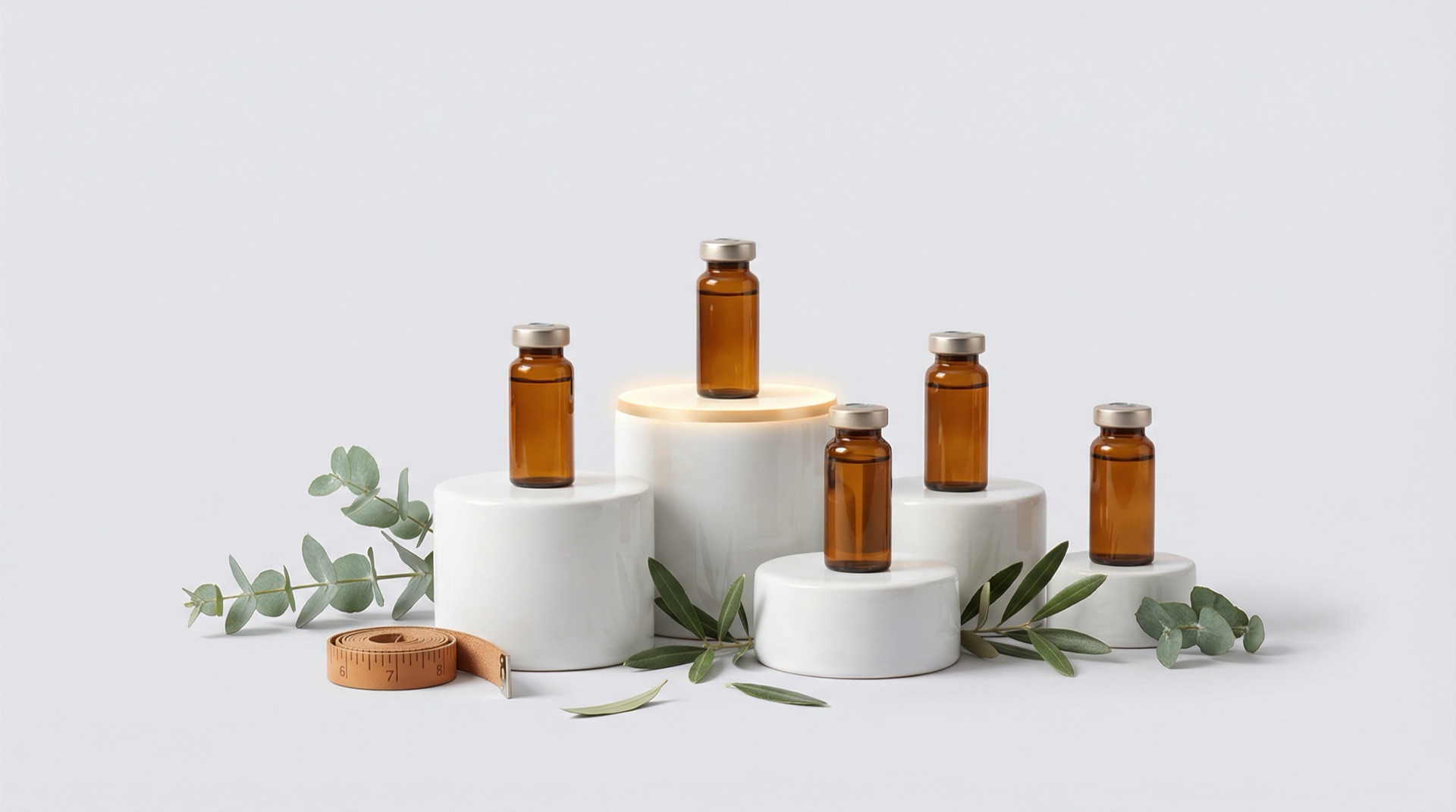 Vial di peptidi premium disposti su piedistalli