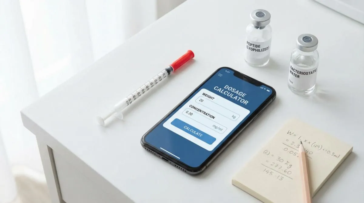 Calcolatore digitale di dosaggio peptidico con siringa e flacone su superficie clinica