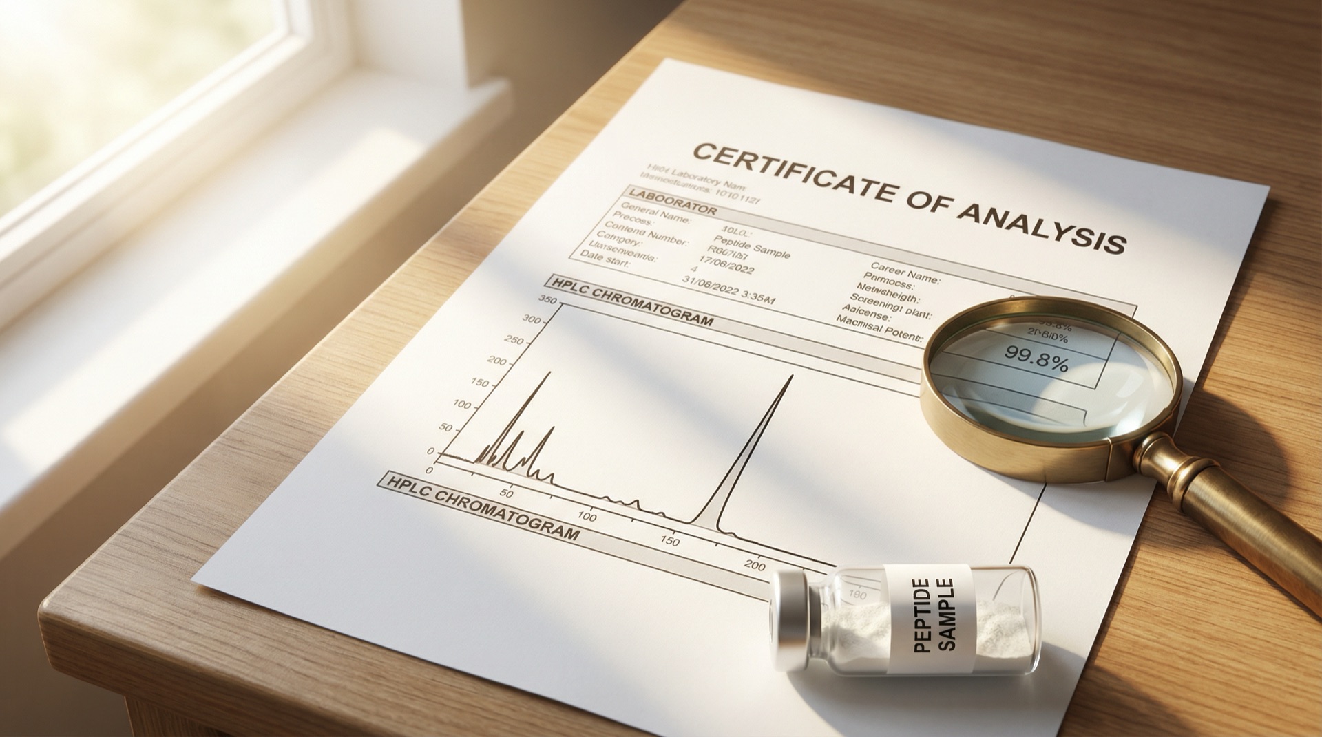 Certificato di analisi con cromatogramma HPLC e lente d'ingrandimento