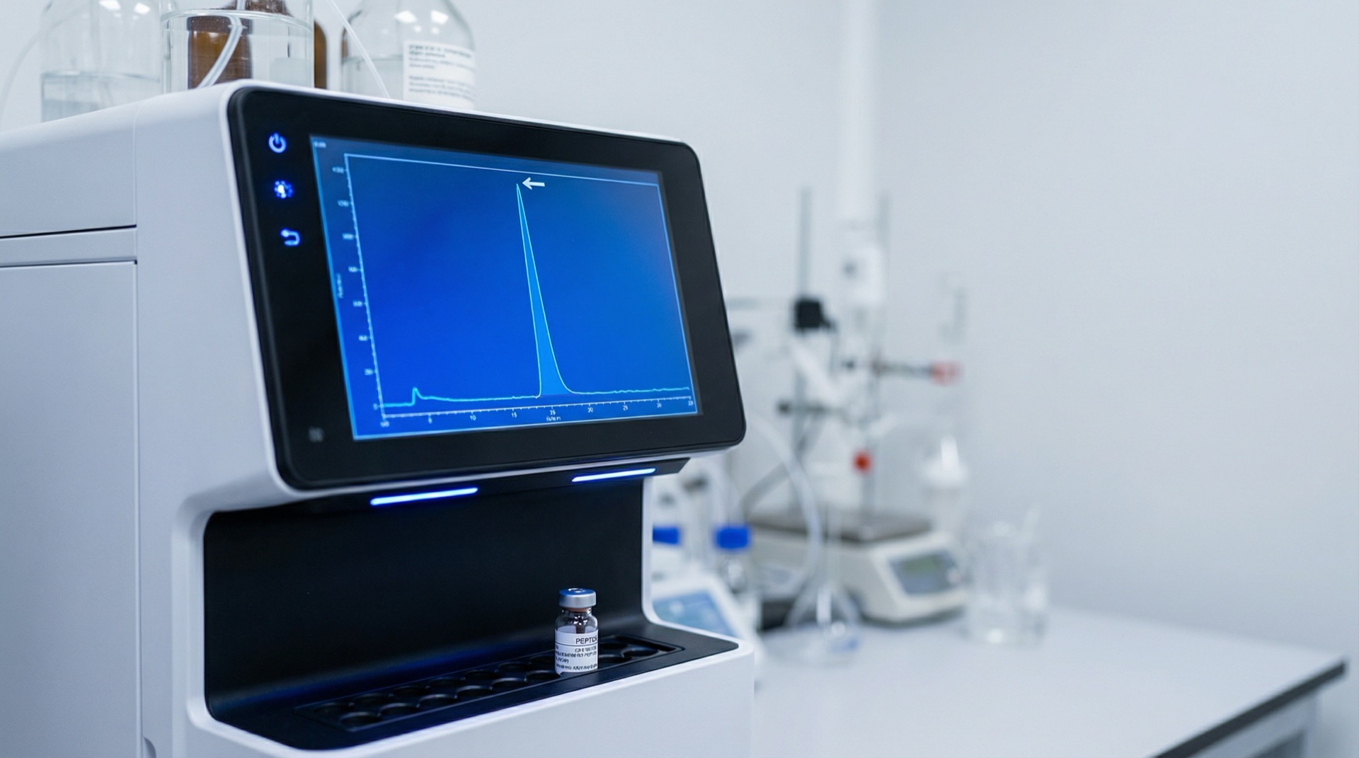 Macchina HPLC con cromatogramma su schermo e vial di peptide