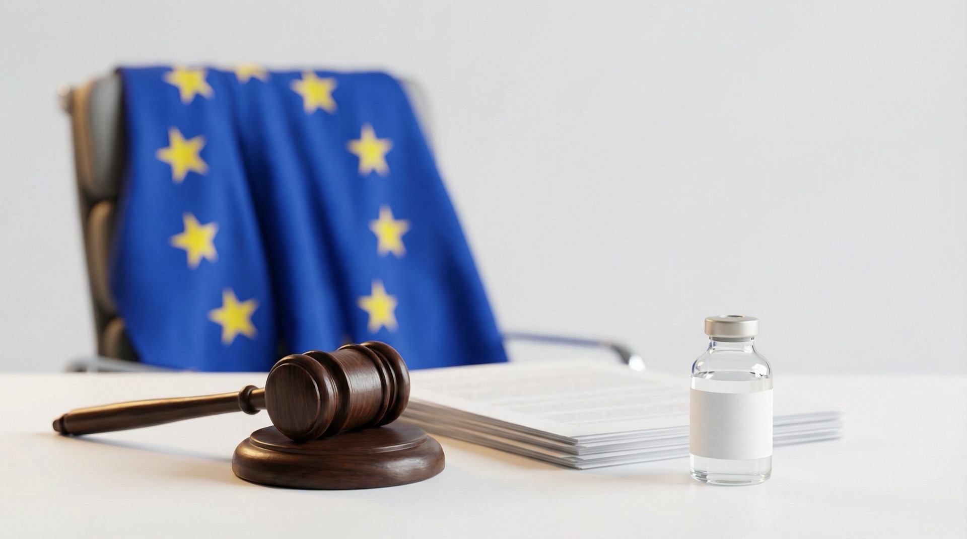 Martelletto e documenti legali con bandiera UE e vial di peptide