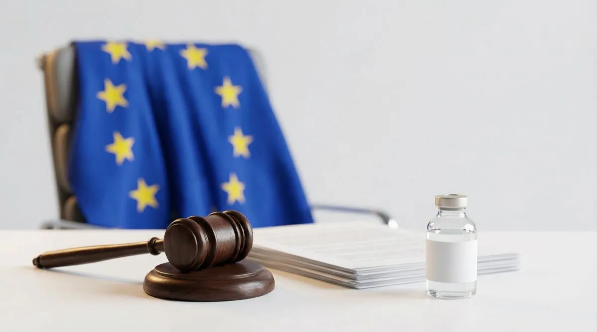 Martelletto e documenti legali con bandiera UE e vial di peptide