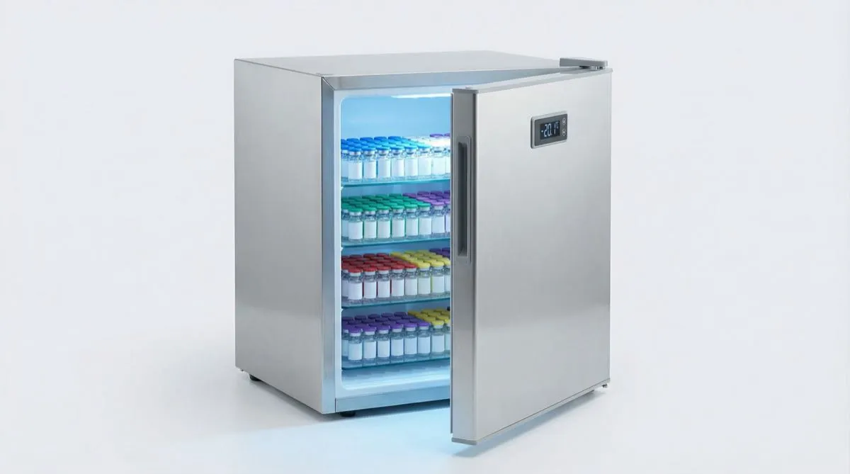 Frigorifero da laboratorio con vial di peptidi organizzati