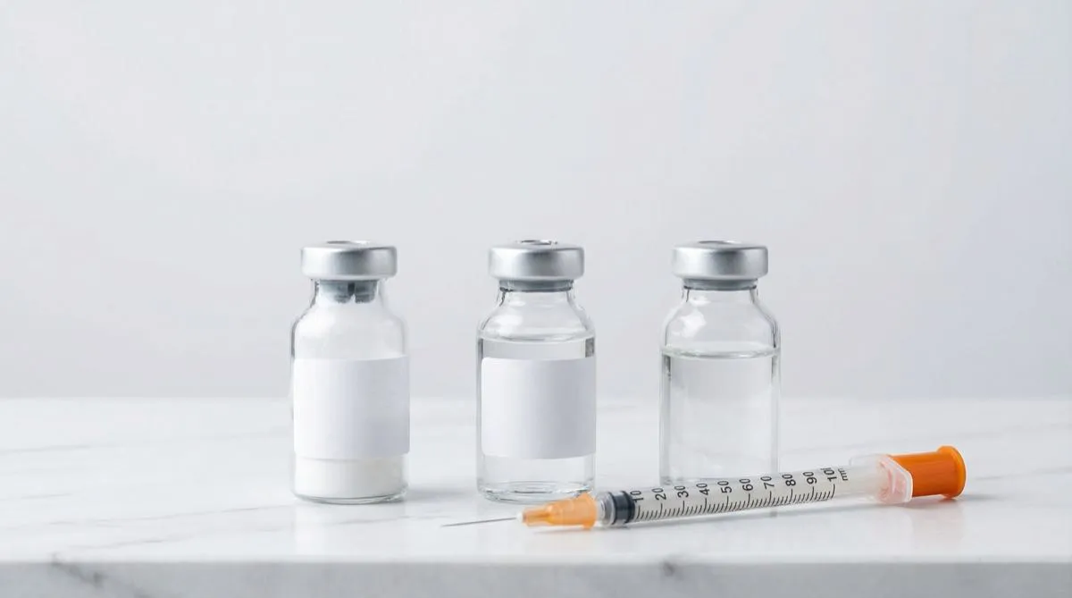 Vial di peptide, acqua batteriostatica e siringa per ricostituzione