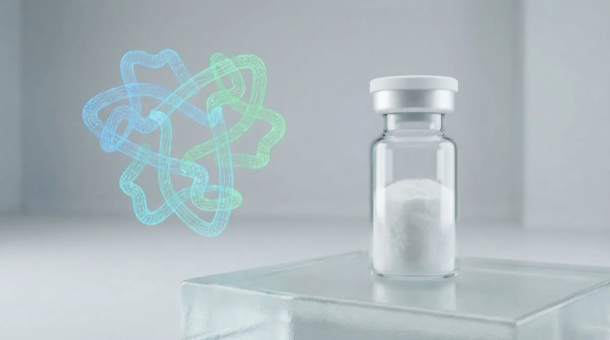 Vial di peptide con struttura molecolare olografica del retatrutide