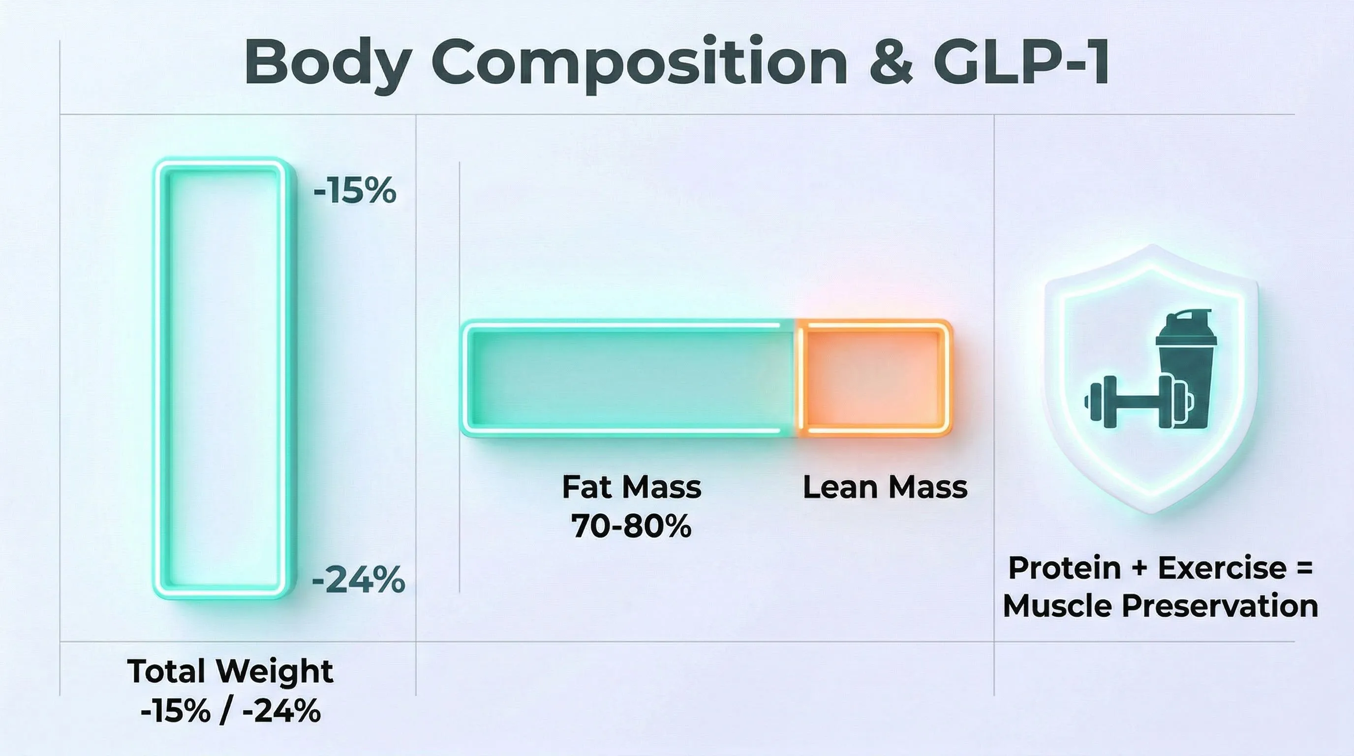 Body composition and GLP-1 infographic: fat mass, lean mass, and muscle preservation