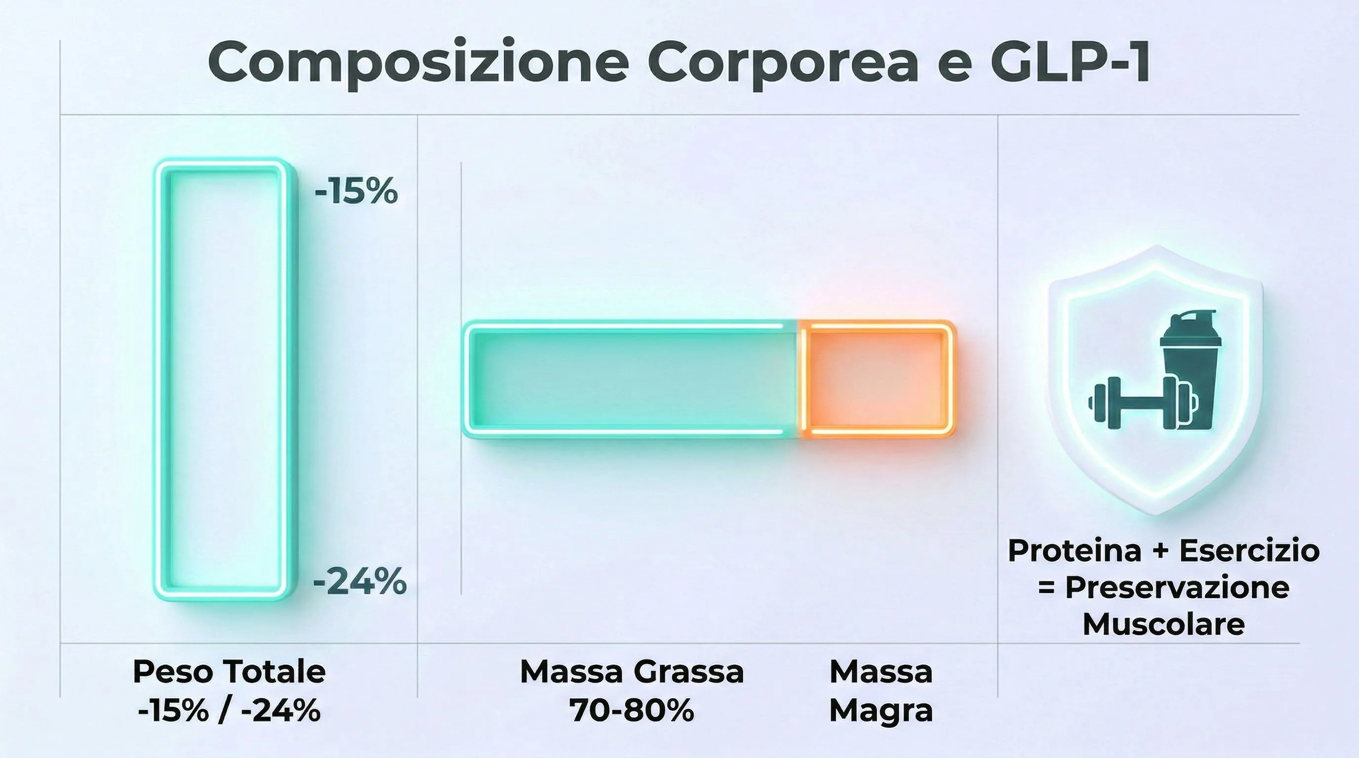 Infografica composizione corporea e GLP-1: massa grassa, massa magra e preservazione muscolare