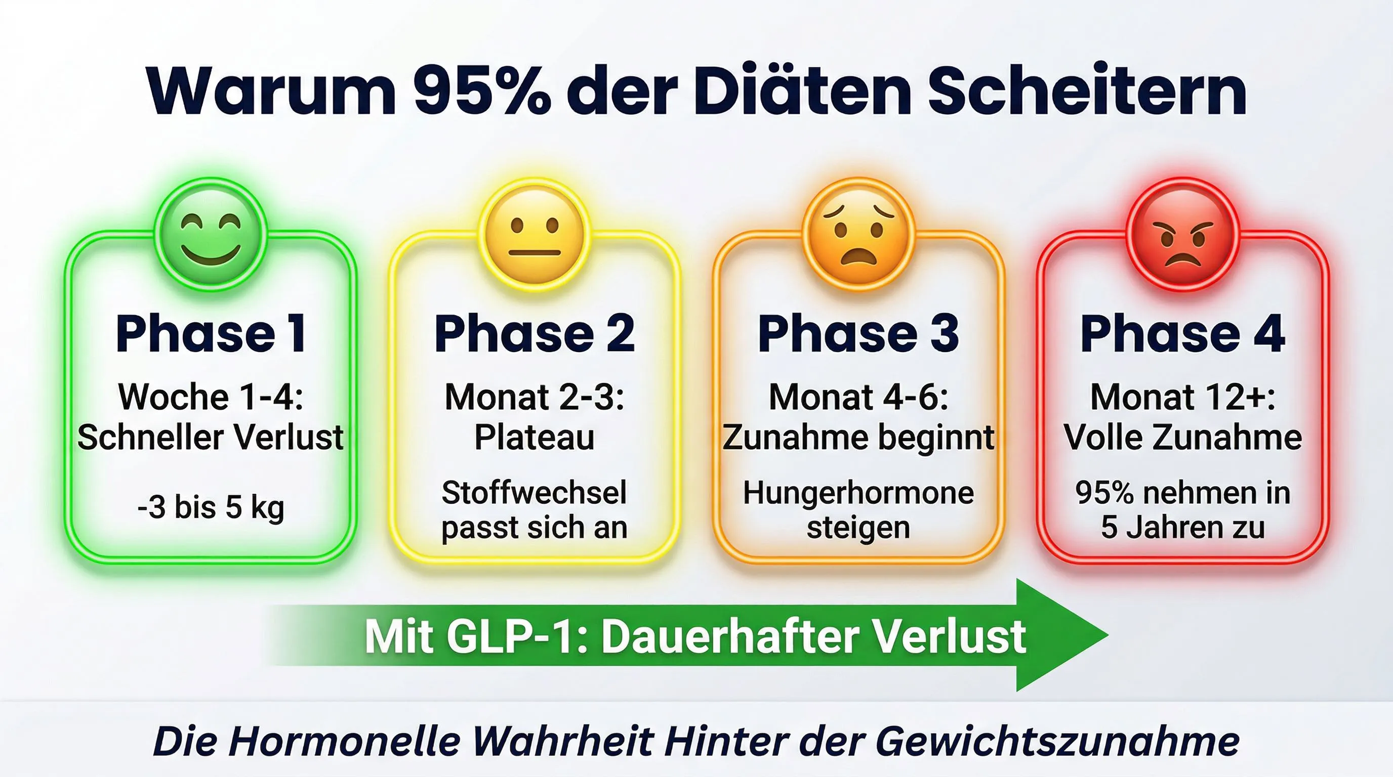 Diät-Scheitern Infografik: die 4 Phasen der Diät und warum 95% scheitern