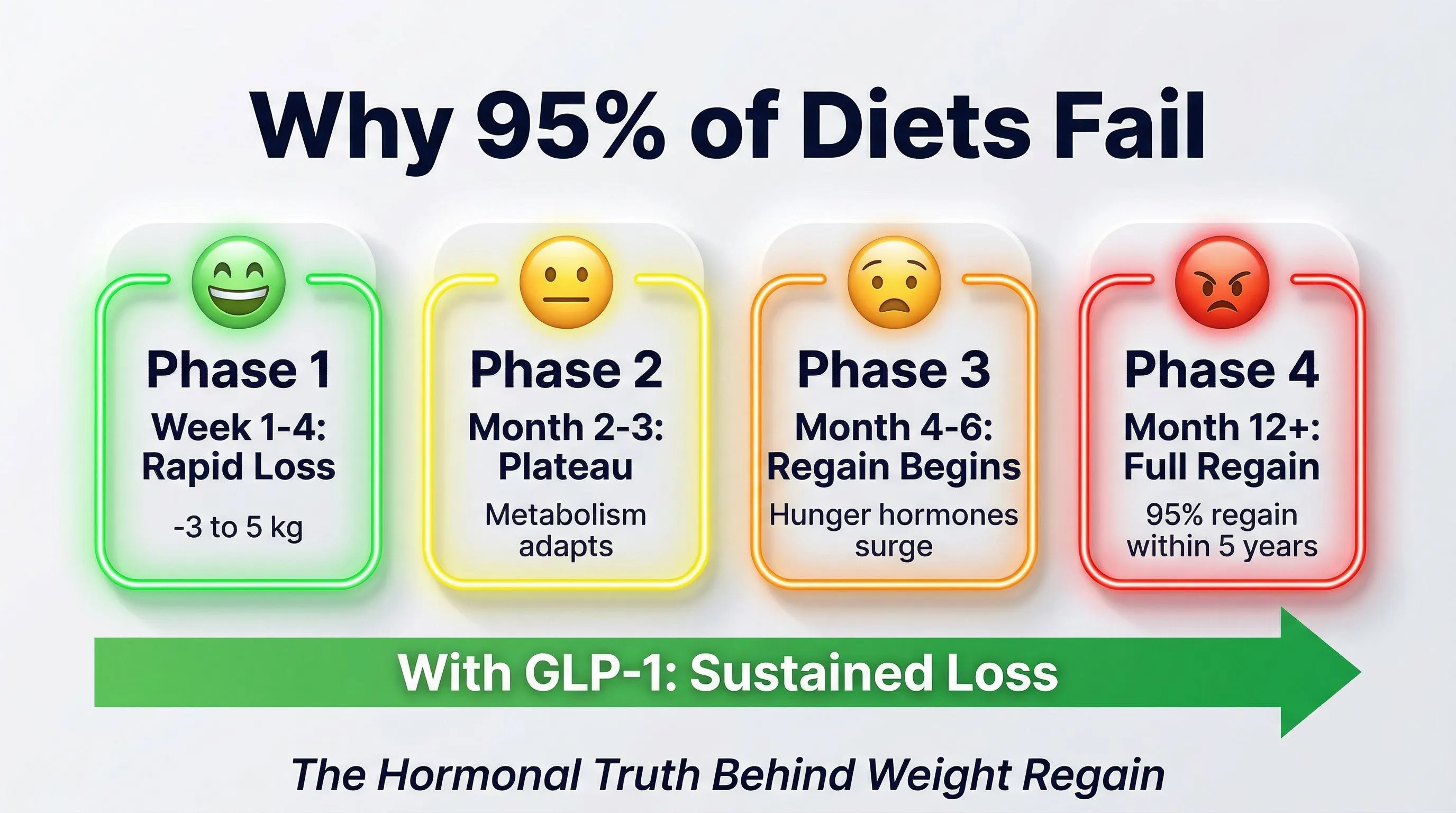 Diet failure infographic: the 4 phases of dieting and why 95% fail