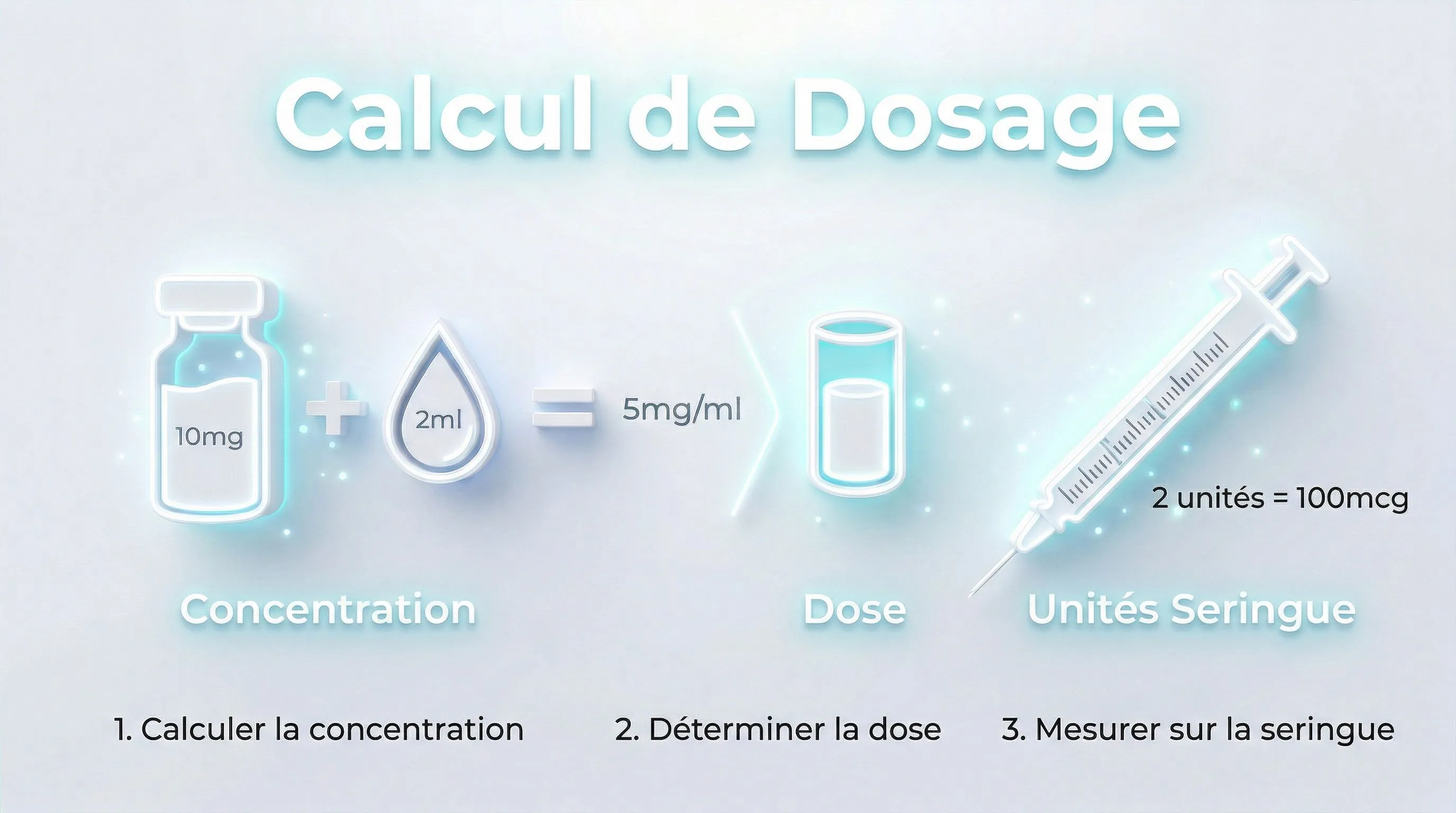 Infographie calcul de dosage peptides : concentration, dose et unités seringue