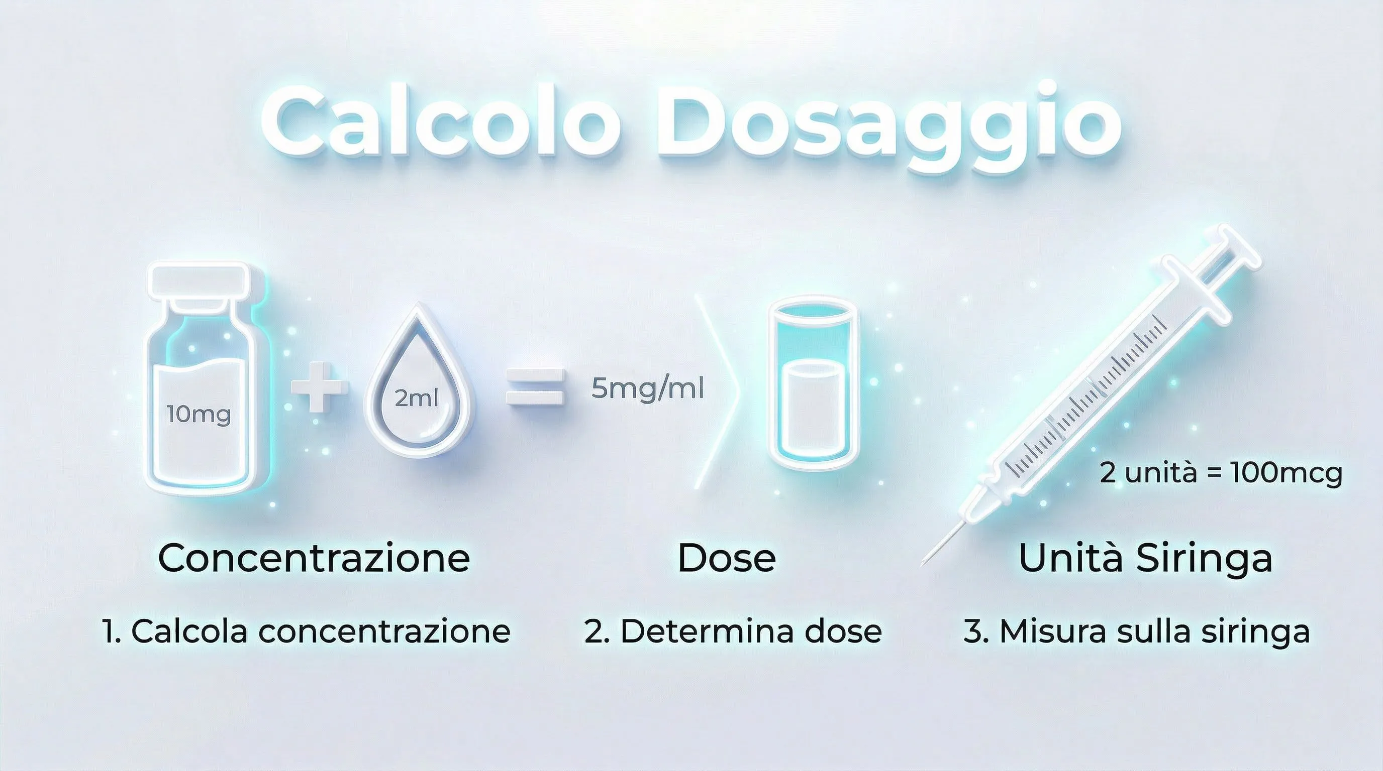 Infografica calcolo dosaggio peptidi: concentrazione, dose e unità siringa