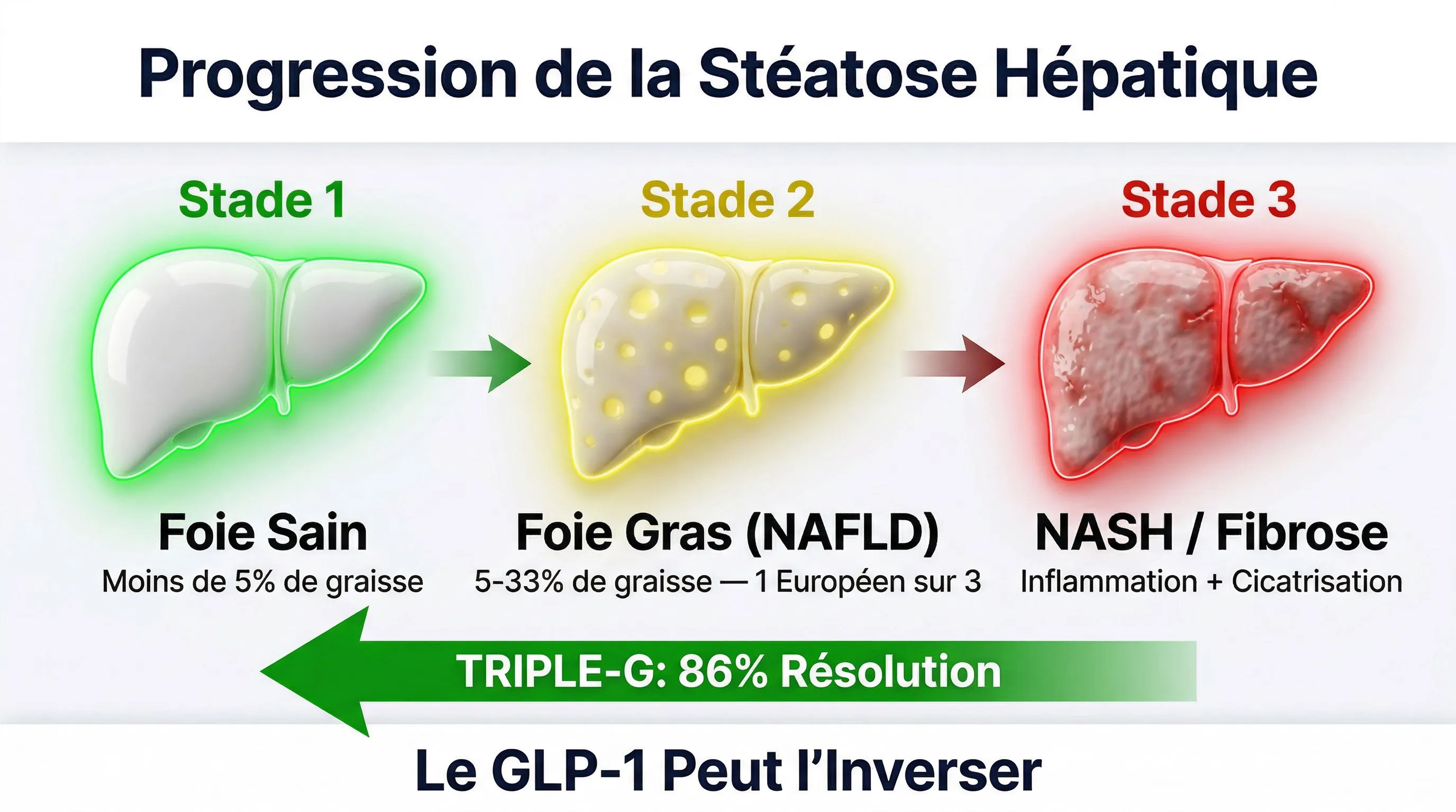 Infographie stéatose hépatique: progression de sain à NAFLD à NASH et réversion avec GLP-1