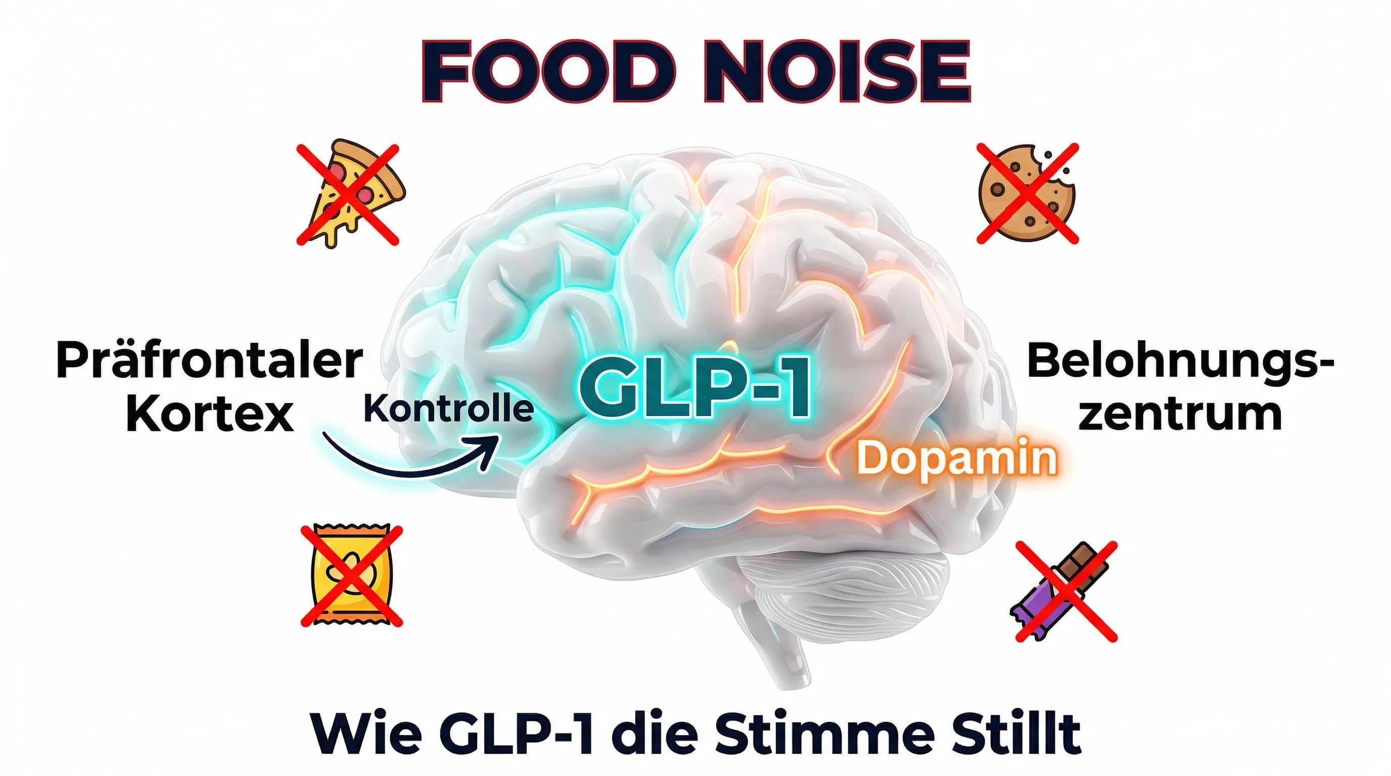 Food Noise Gehirn-Infografik: wie GLP-1 Heißhunger stillt