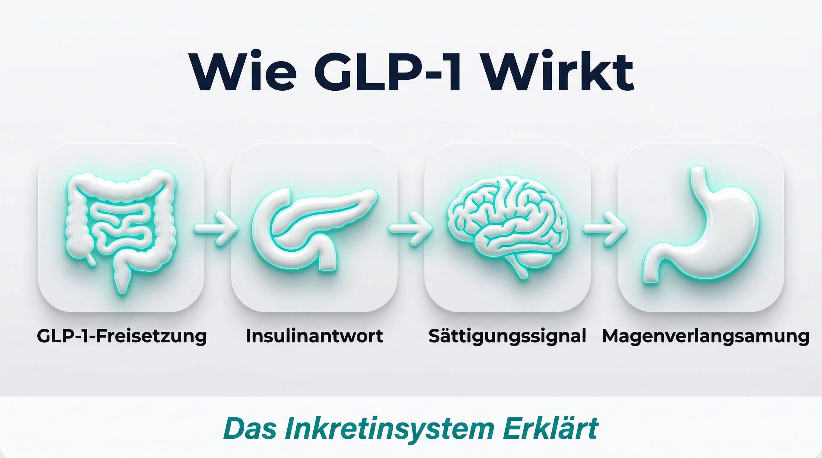 GLP-1-Mechanismus Infografik: Freisetzung, Insulin, Sättigung, Magenentleerung