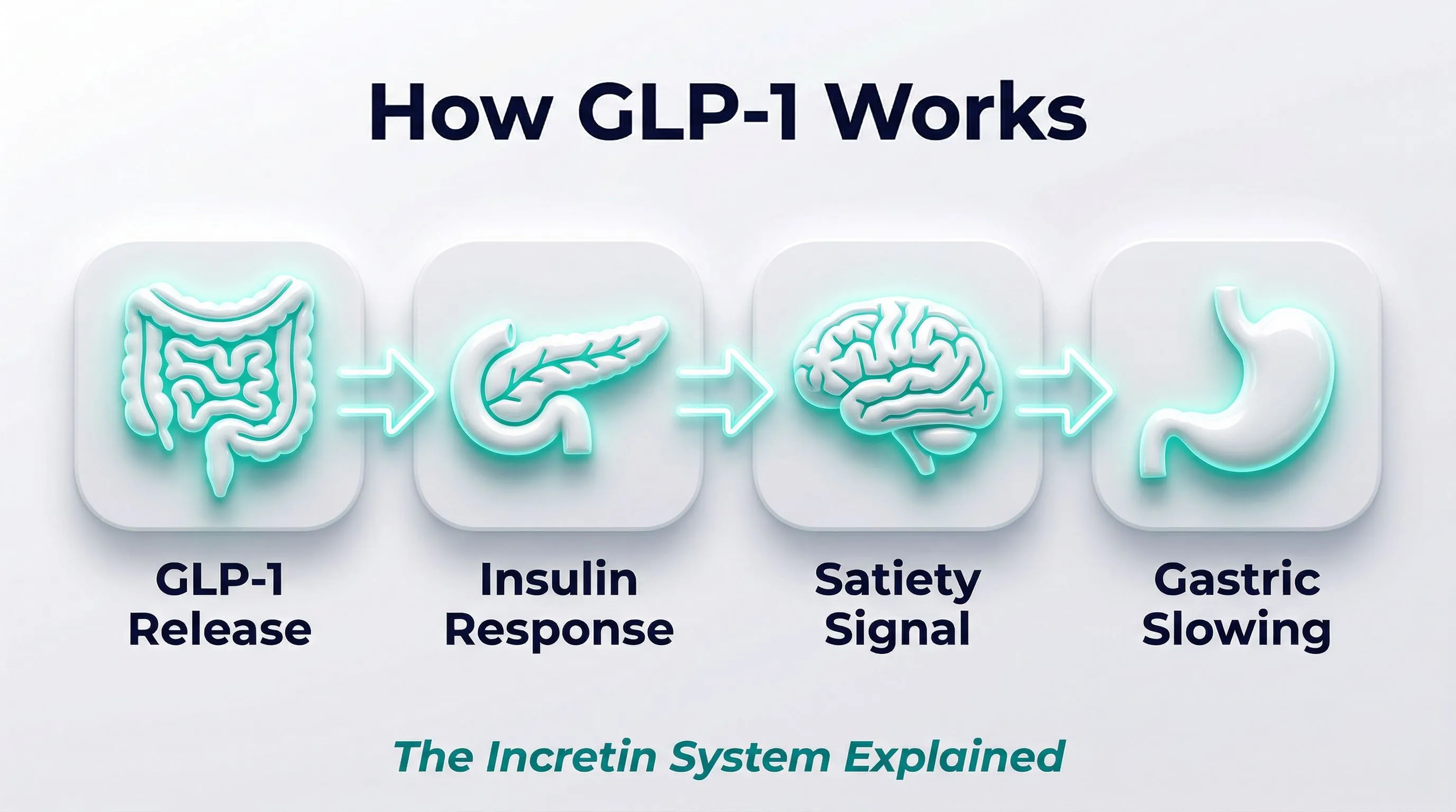 GLP-1 mechanism infographic: release, insulin, satiety, gastric slowing