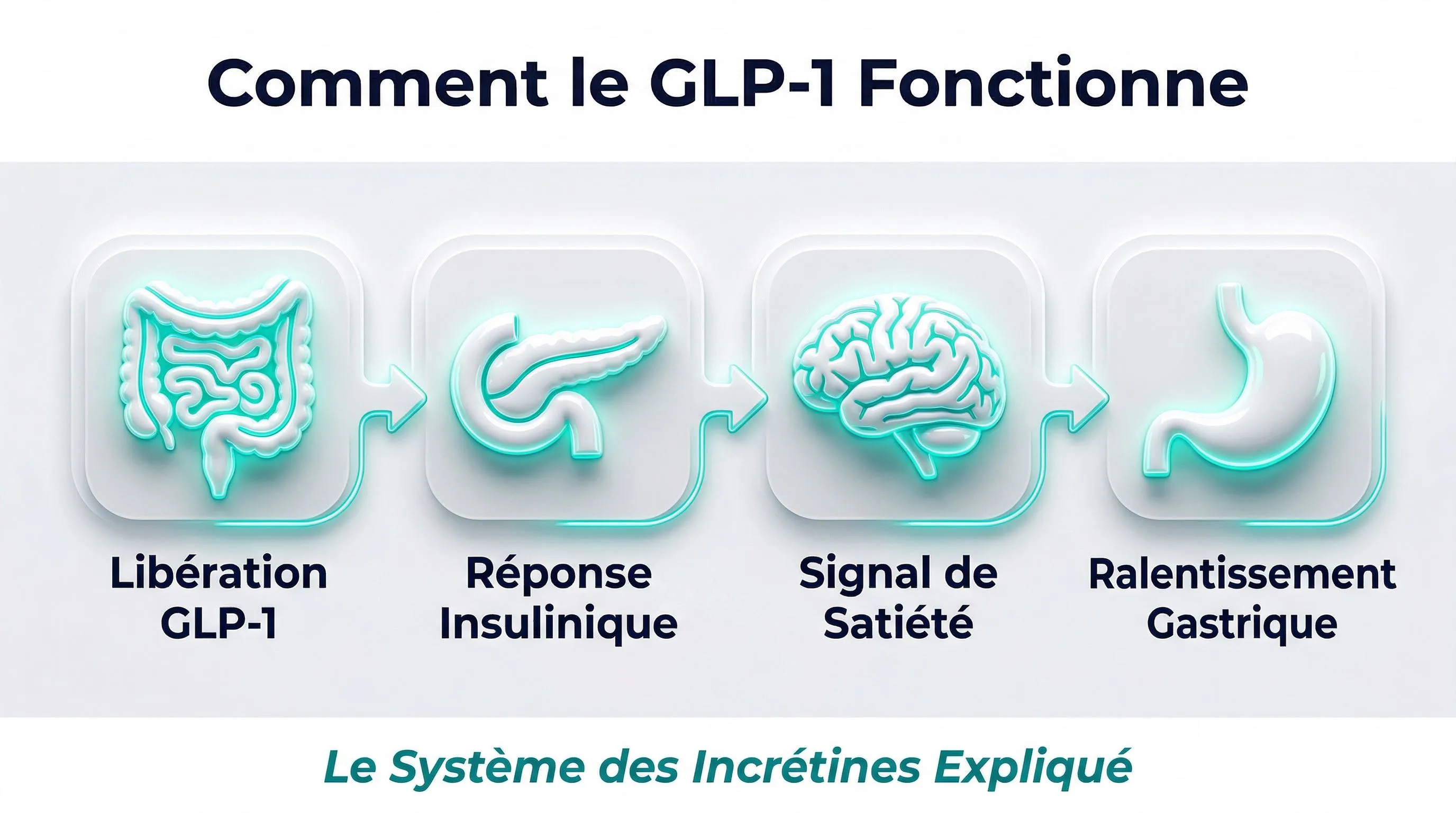 Infographie mécanisme GLP-1: libération, insuline, satiété, ralentissement gastrique