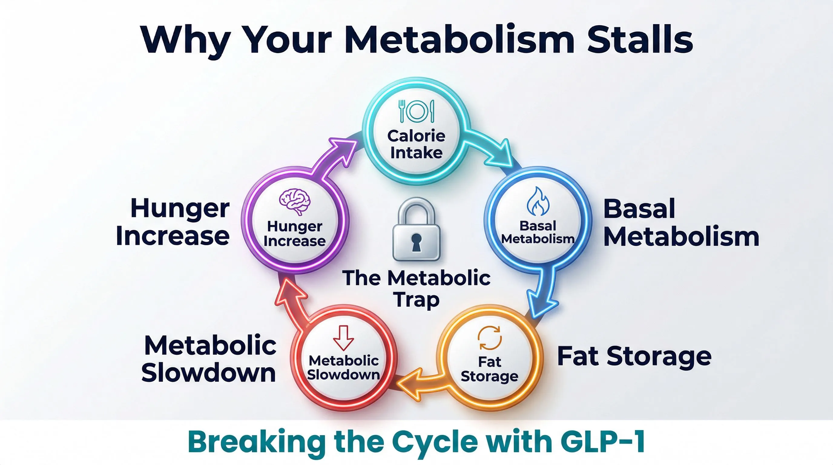 Metabolism cycle infographic: the metabolic trap and how GLP-1 breaks it