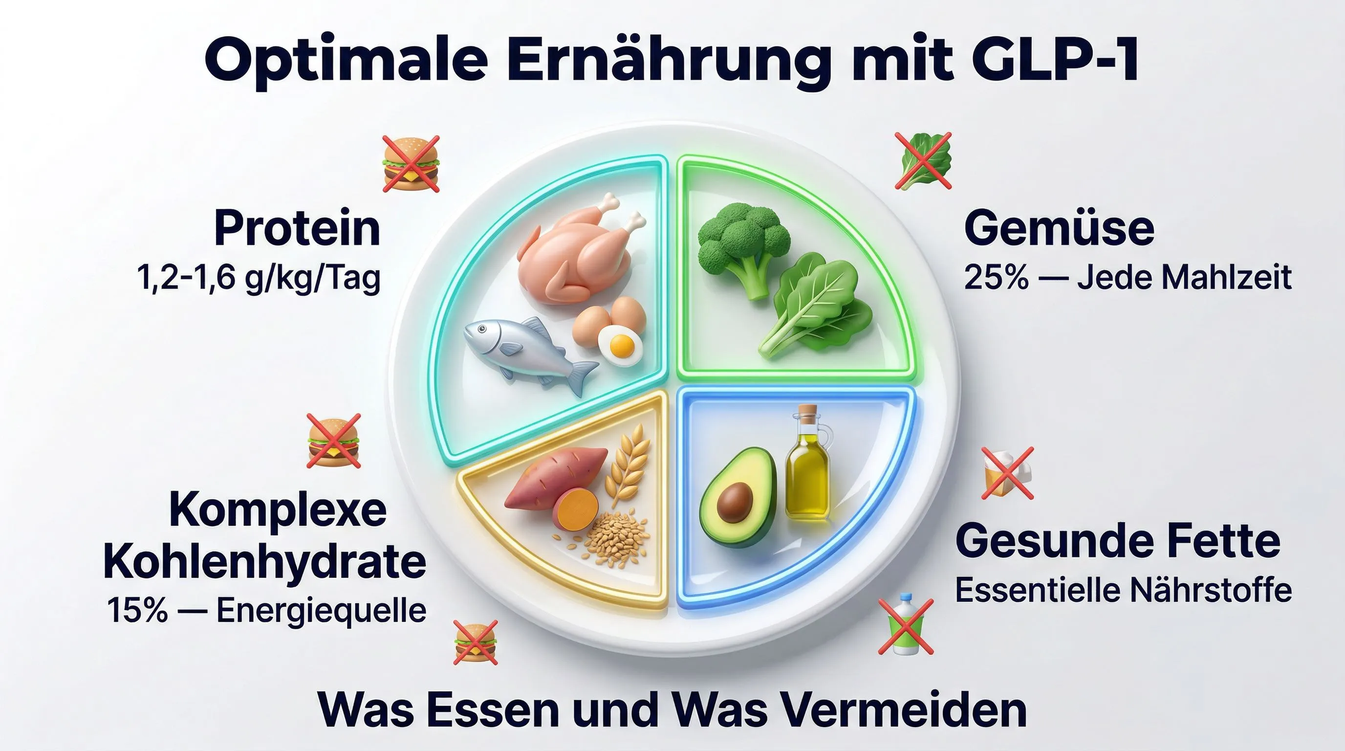 Optimale Ernährung mit GLP-1 Infografik: Protein, Gemüse, gesunde Fette, Kohlenhydrate