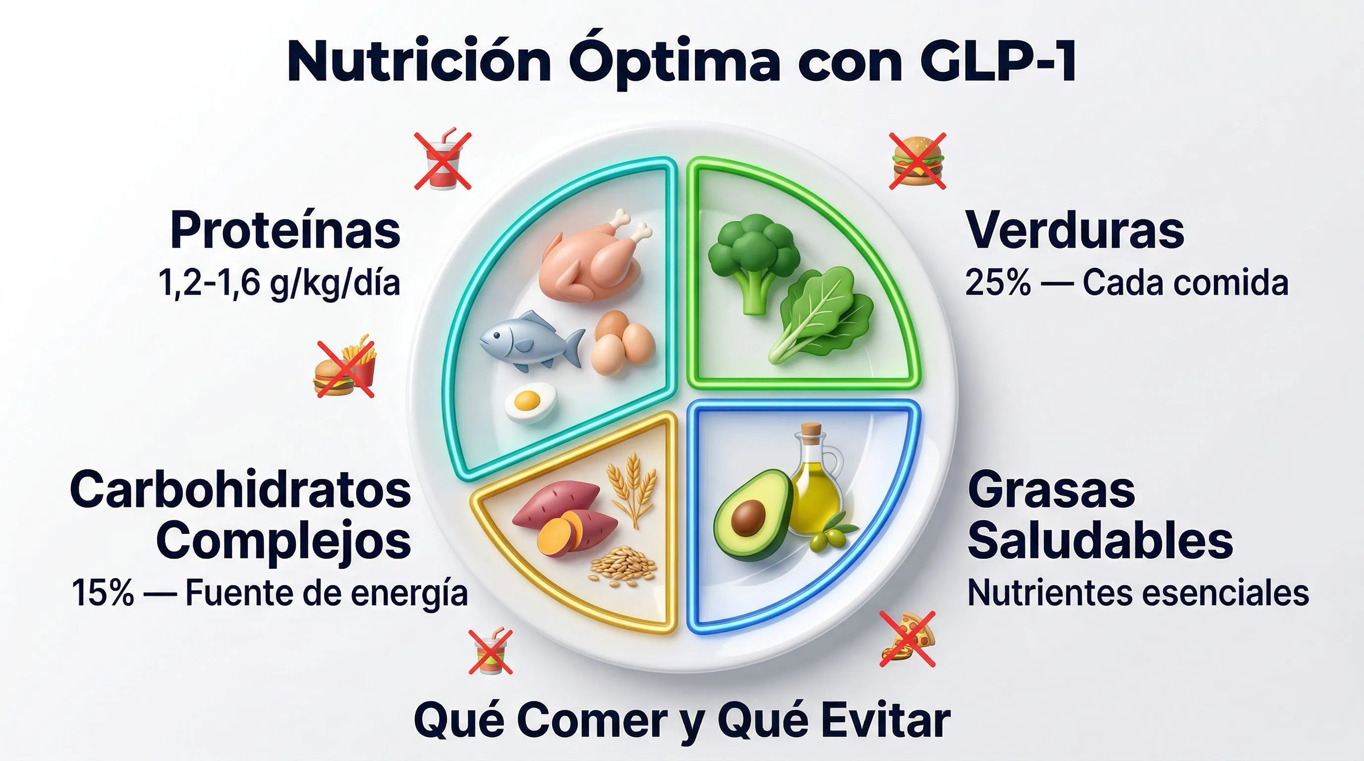 Infografía nutrición óptima con GLP-1: proteínas, verduras, grasas saludables, carbohidratos