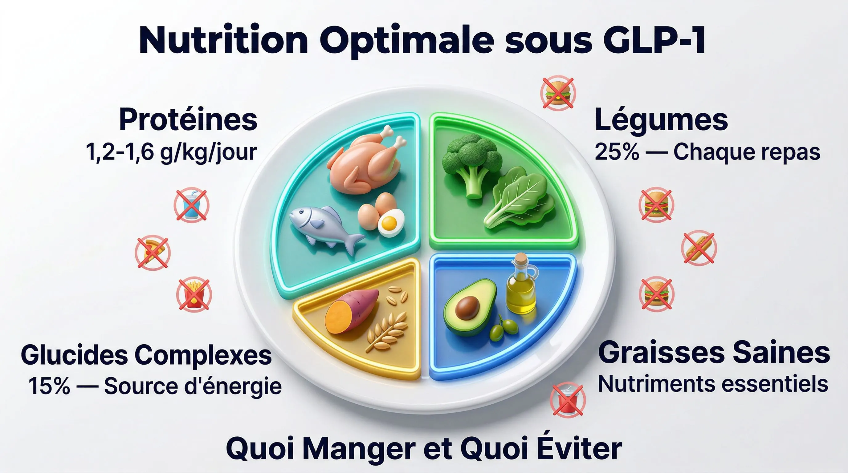 Infographie nutrition optimale avec GLP-1: protéines, légumes, graisses saines, glucides