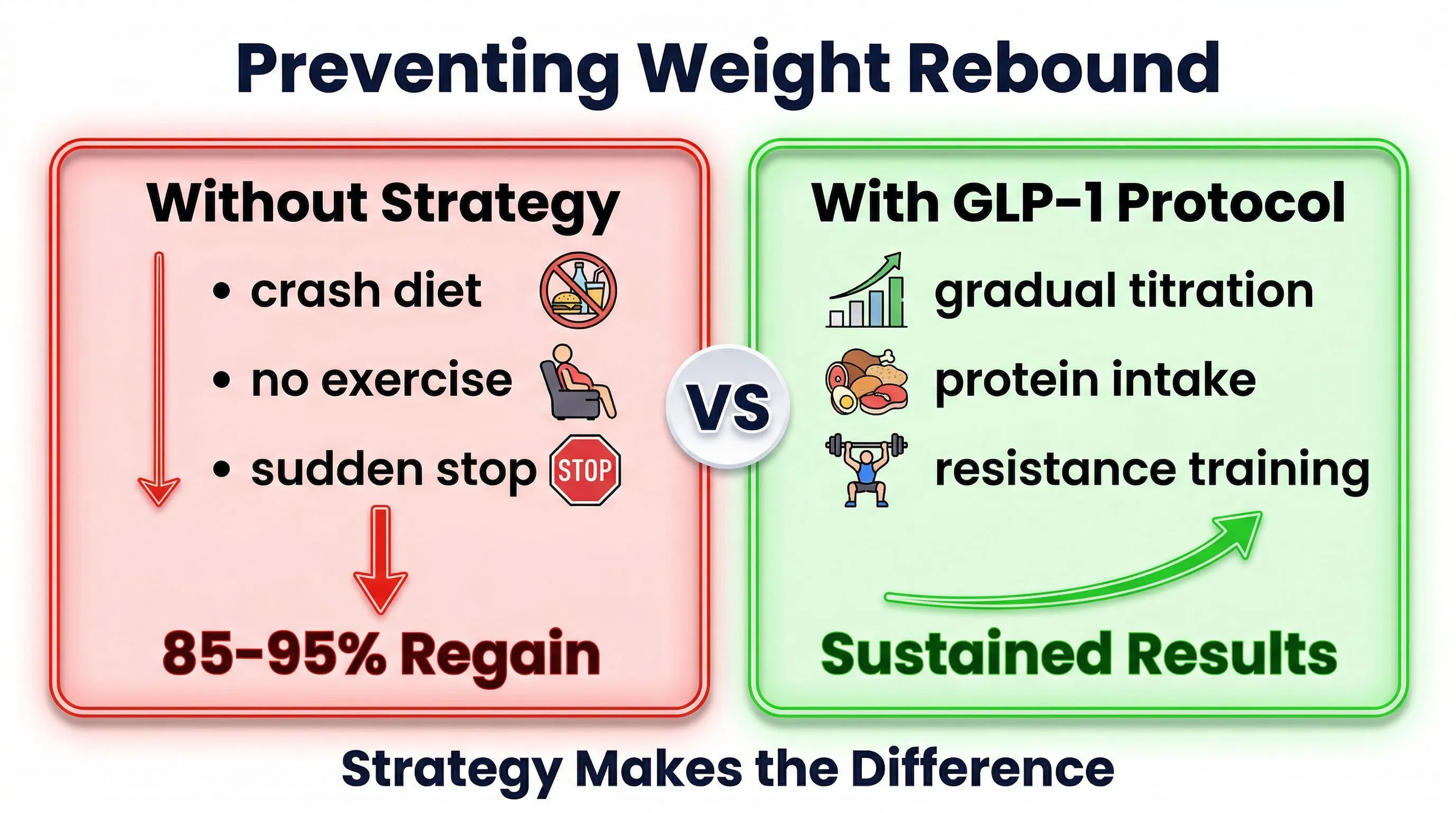 Rebound prevention infographic: comparison with and without GLP-1 strategy