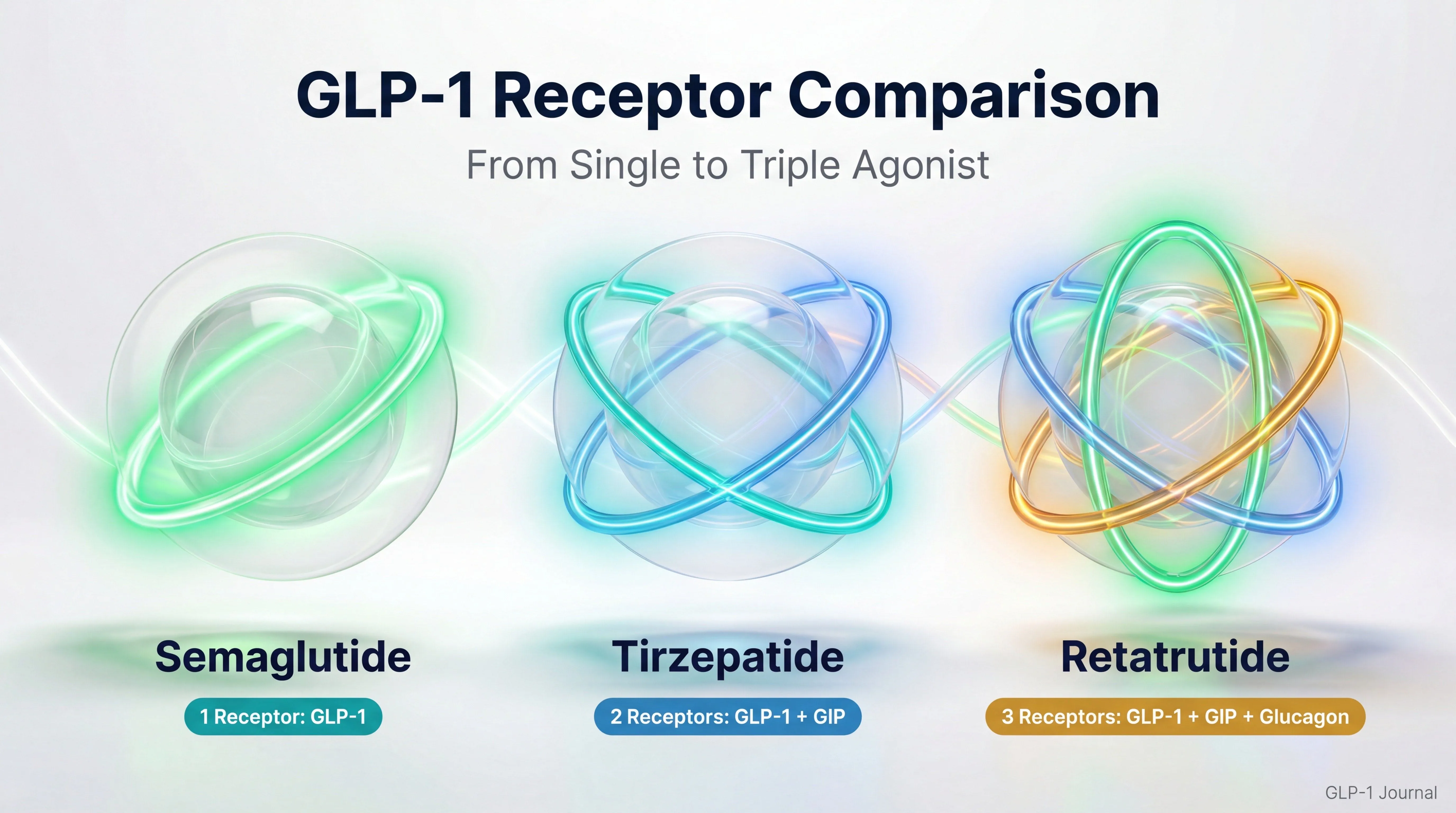 Receptor comparison: semaglutide (1R) vs tirzepatide (2R) vs retatrutide (3R)