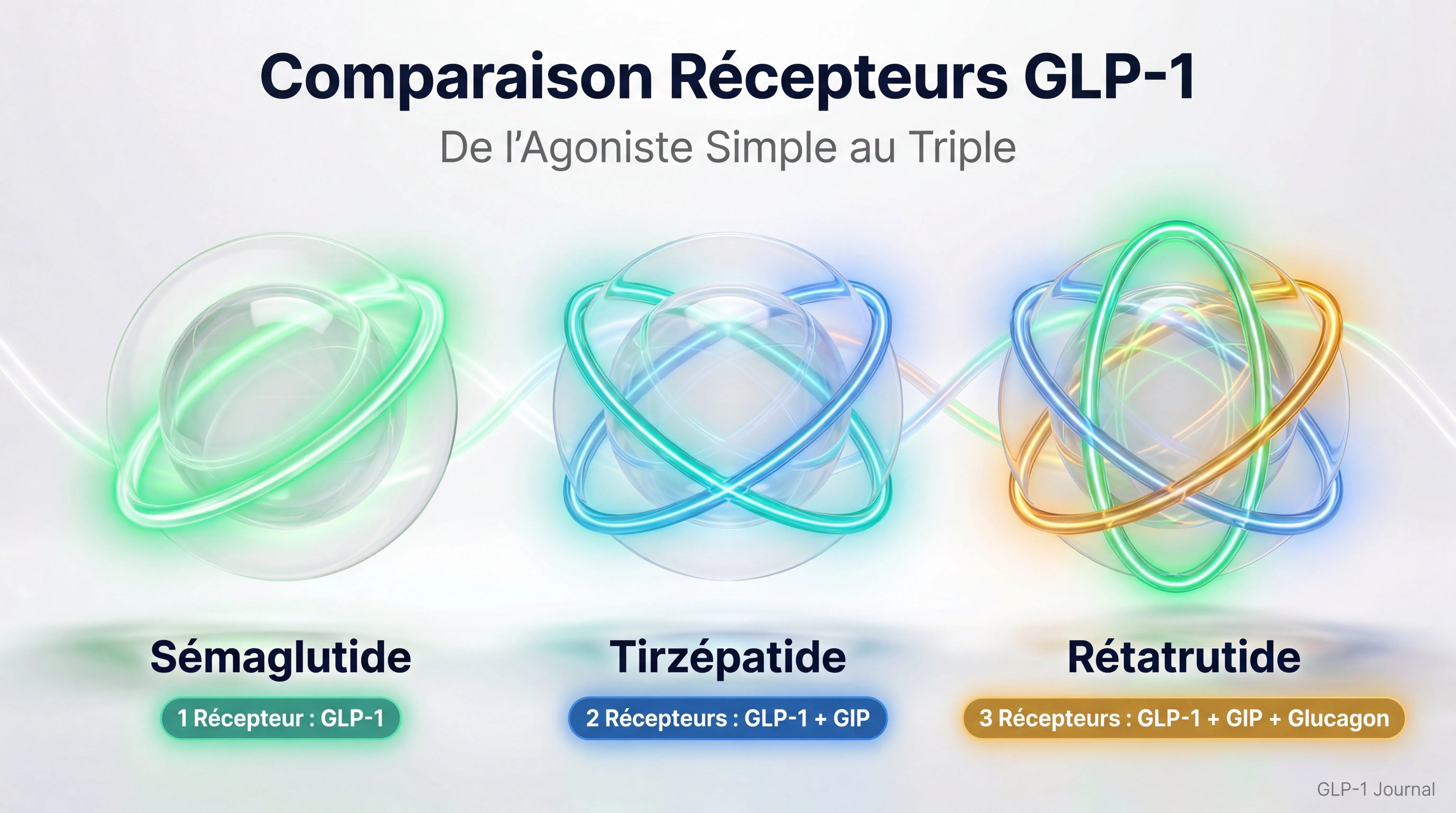 Comparaison des récepteurs : sémaglutide (1R) vs tirzépatide (2R) vs rétatrutide (3R)