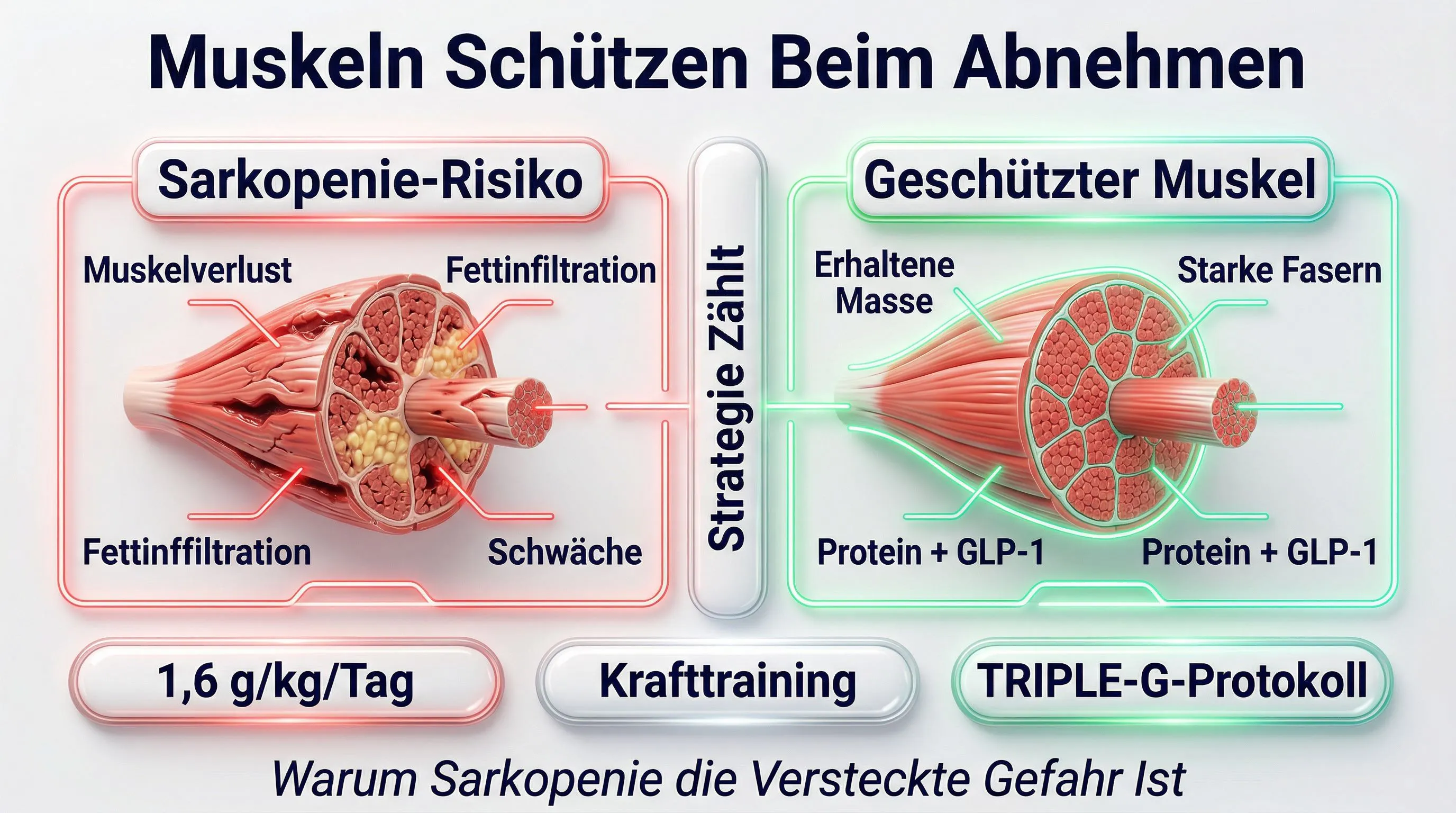 Sarkopenie Infografik: gefährdeter Muskel vs. geschützter Muskel mit GLP-1