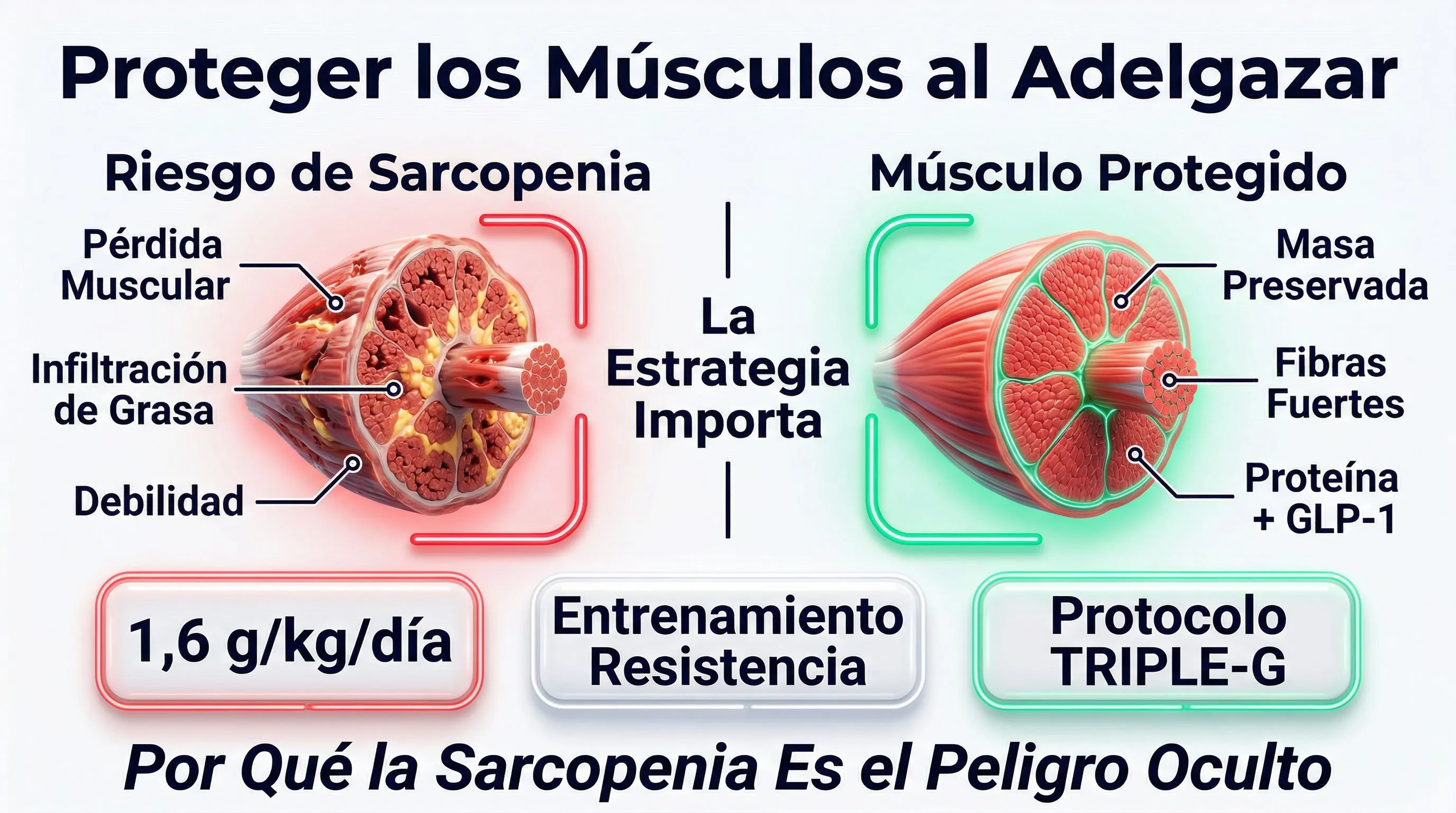 Infografía sarcopenia: músculo en riesgo vs músculo protegido con GLP-1