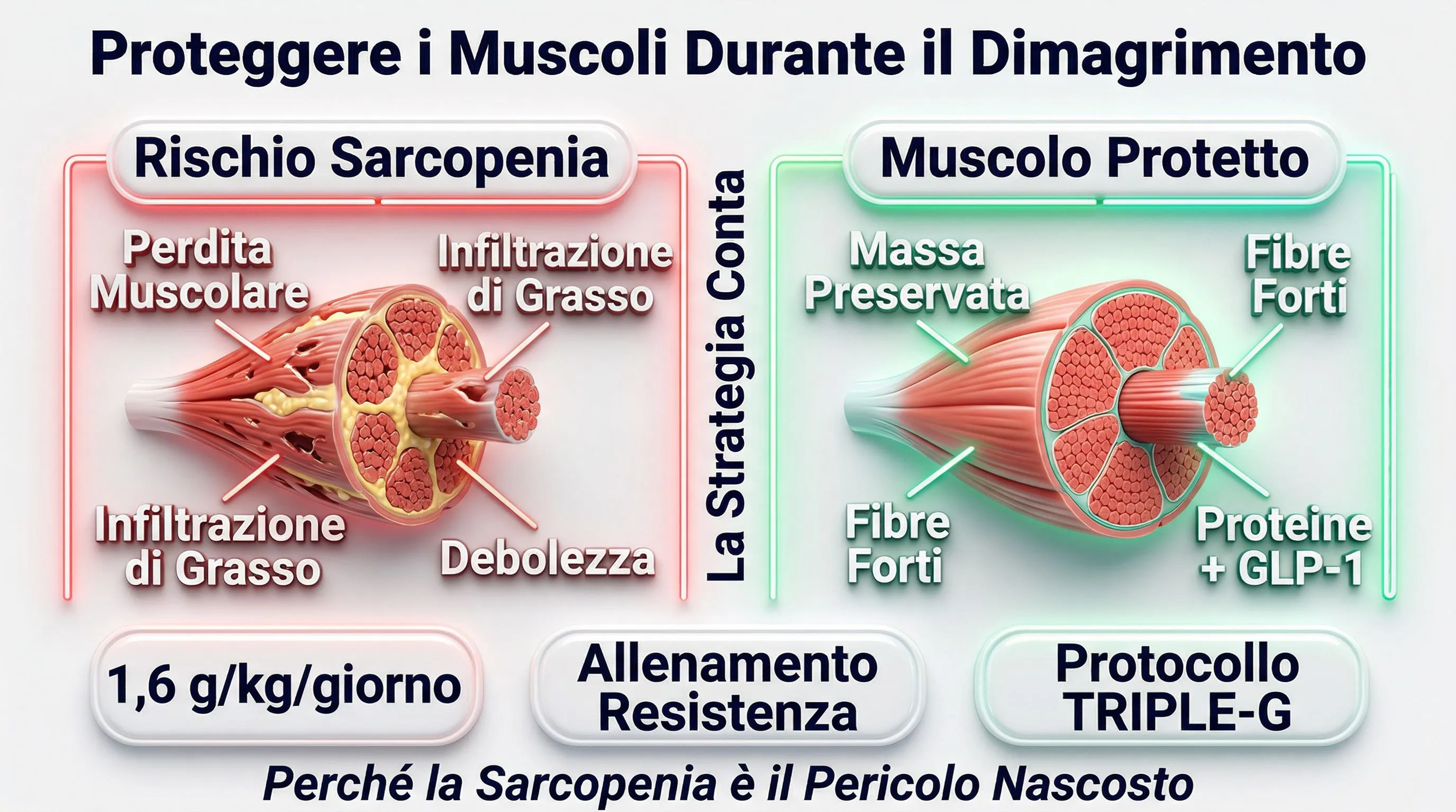 Infografica sarcopenia: confronto muscolo a rischio vs muscolo protetto con GLP-1
