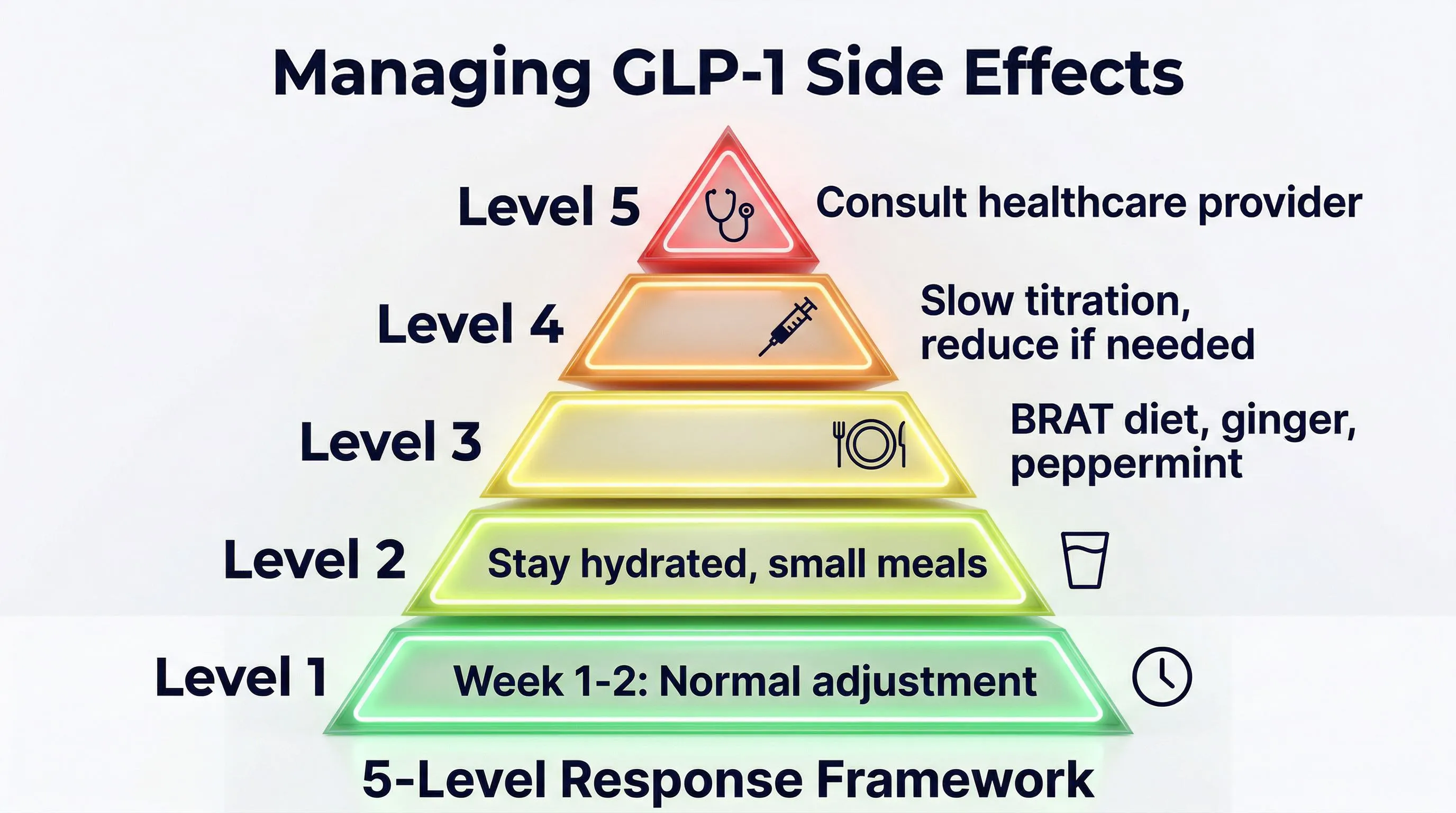GLP-1 adverse effects management infographic: 5-level pyramid
