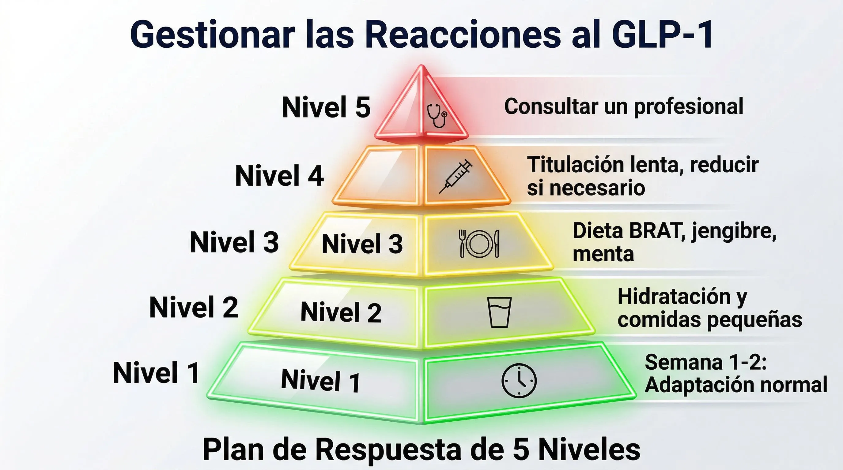 Infografía manejo efectos adversos GLP-1: pirámide de 5 niveles