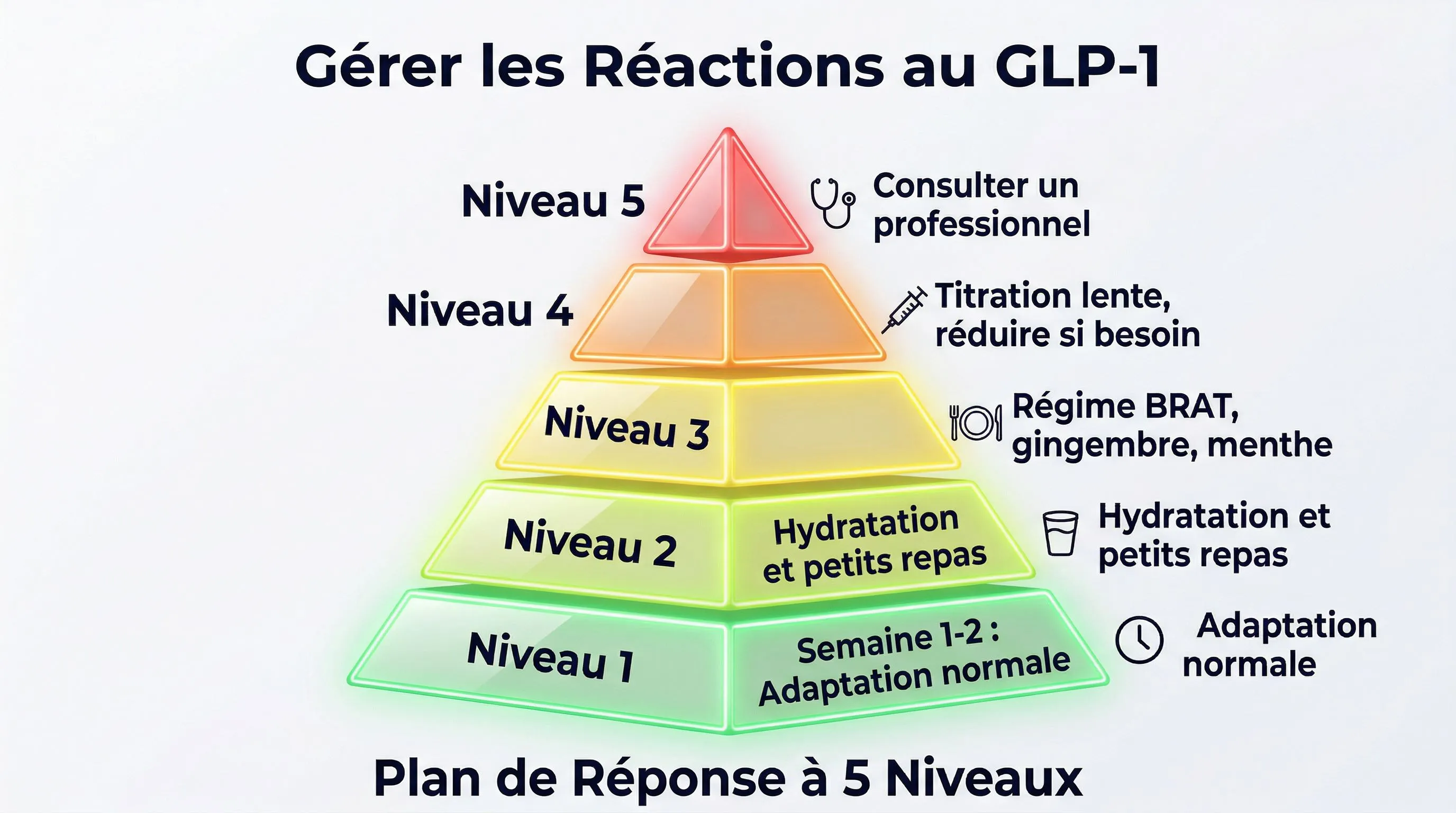 Infographie gestion effets indésirables GLP-1: pyramide à 5 niveaux