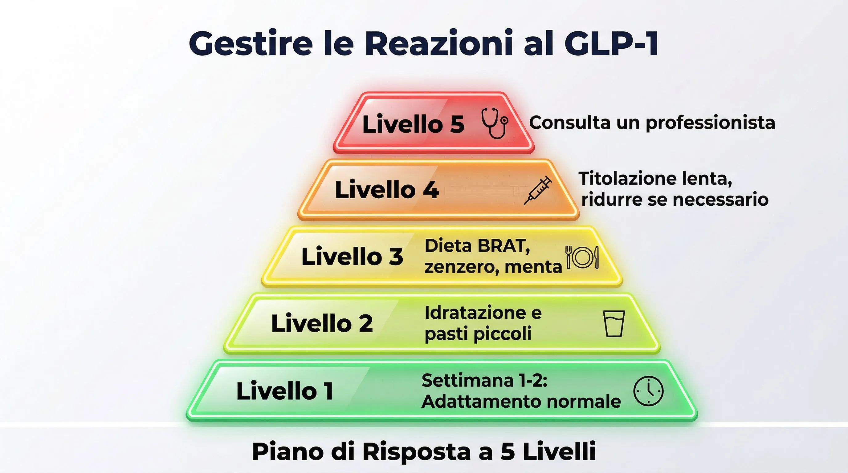 Infografica gestione reazioni avverse GLP-1: piramide a 5 livelli
