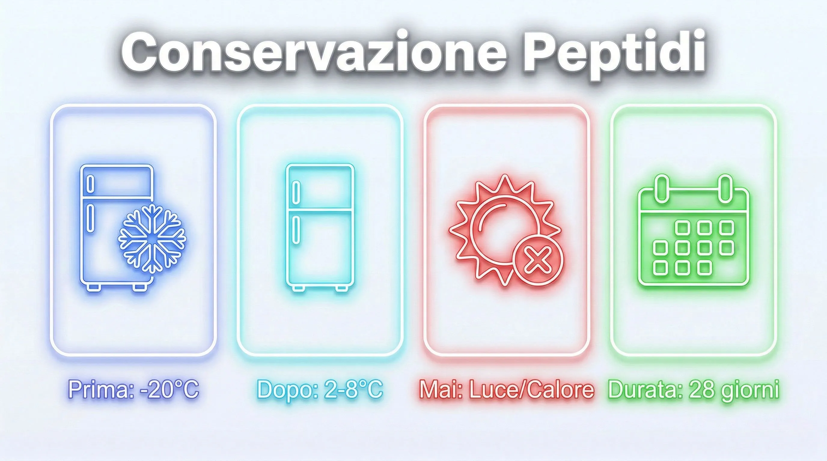 Infografica conservazione peptidi: temperature, durata e condizioni di stoccaggio