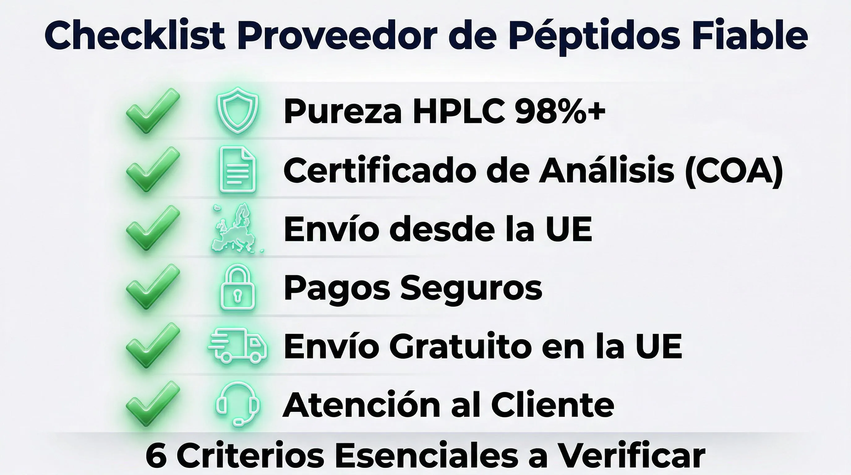 Infografía checklist proveedor péptidos: 6 criterios esenciales