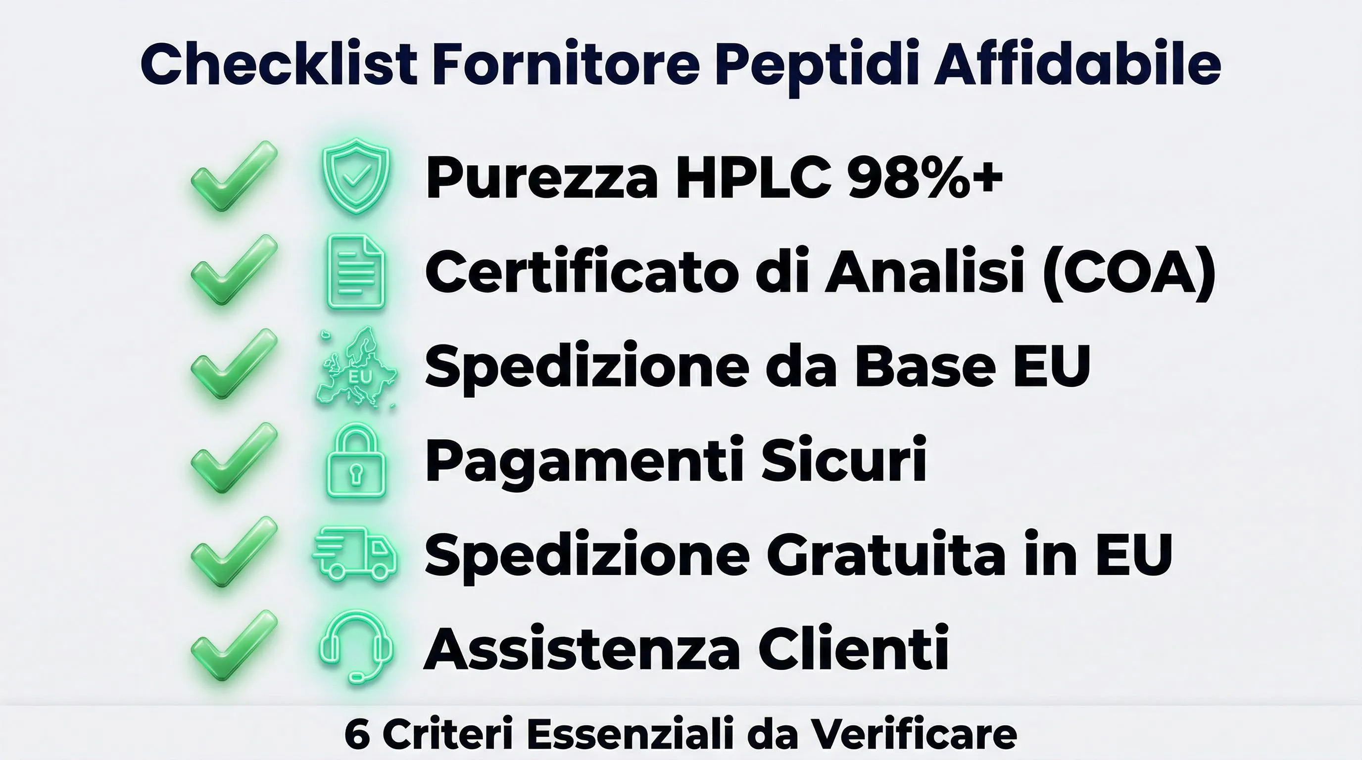 Infografica checklist fornitore peptidi: 6 criteri essenziali