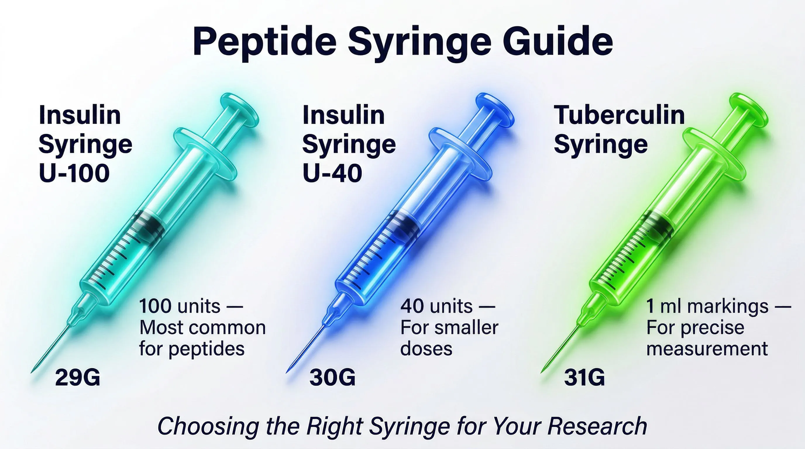 Peptide syringe guide infographic: comparison of 3 syringe types