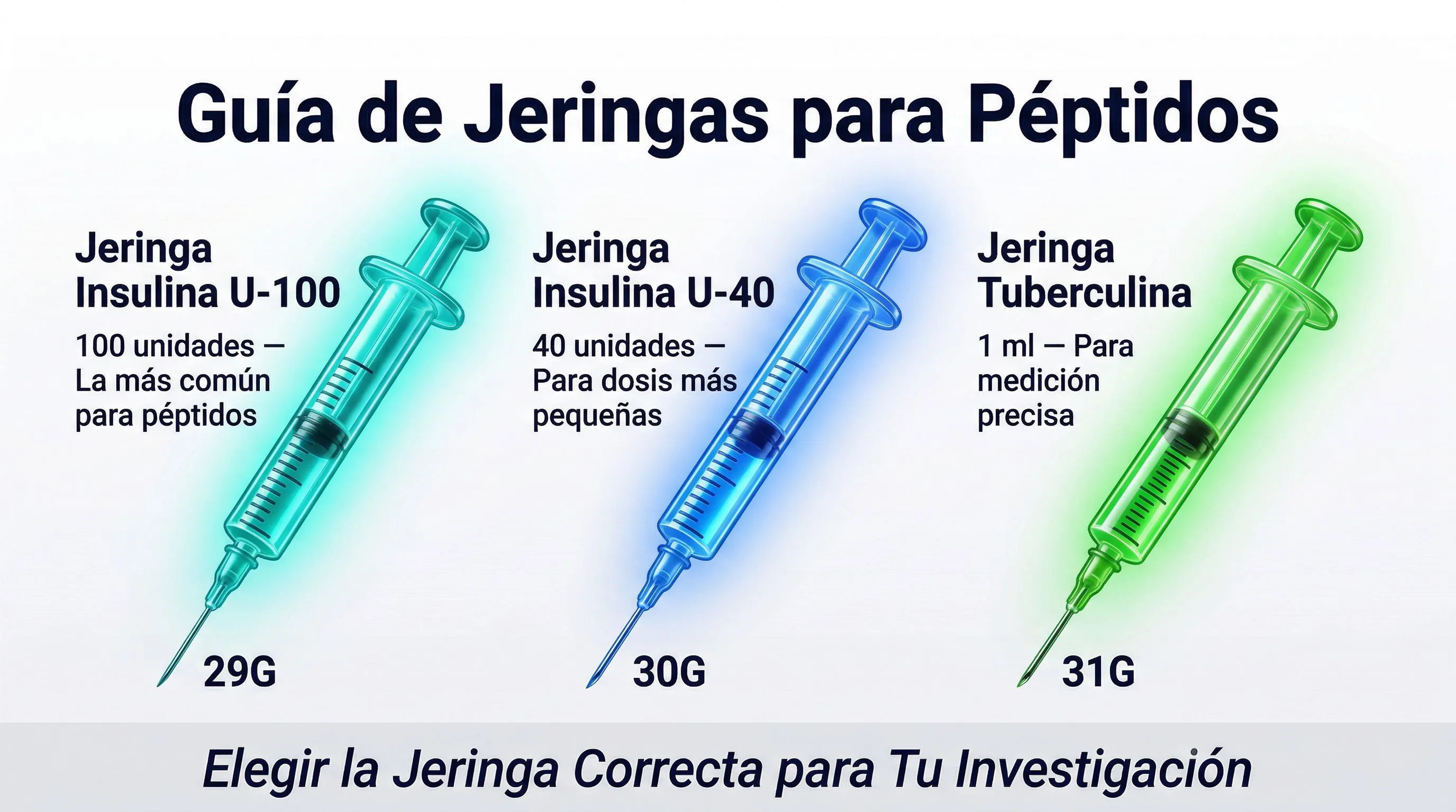 Infografía guía jeringas péptidos: comparación de 3 tipos de jeringa
